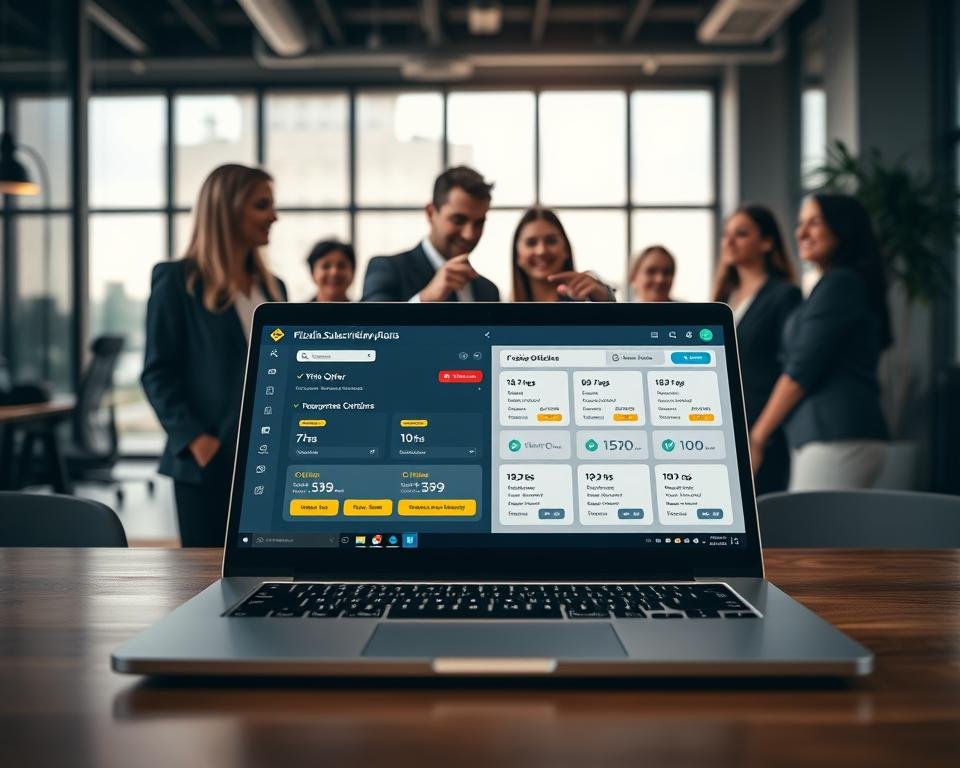 A visually engaging representation of flexible subscription plans featuring a modern interface. In the foreground, display an open laptop showcasing an attractive dashboard with flexible subscription options, highlighted buttons for a trial offer, and transparent pricing charts. In the middle, include a diverse group of professionals in business attire, discussing and pointing at the laptop, embodying a collaborative and engaging atmosphere. The background should reveal a contemporary office space with soft, natural lighting filtering through large windows, creating a warm and inviting mood. Use a medium-angle shot to capture the dynamic interaction and the technology being showcased, emphasizing a sense of innovation and accessibility.