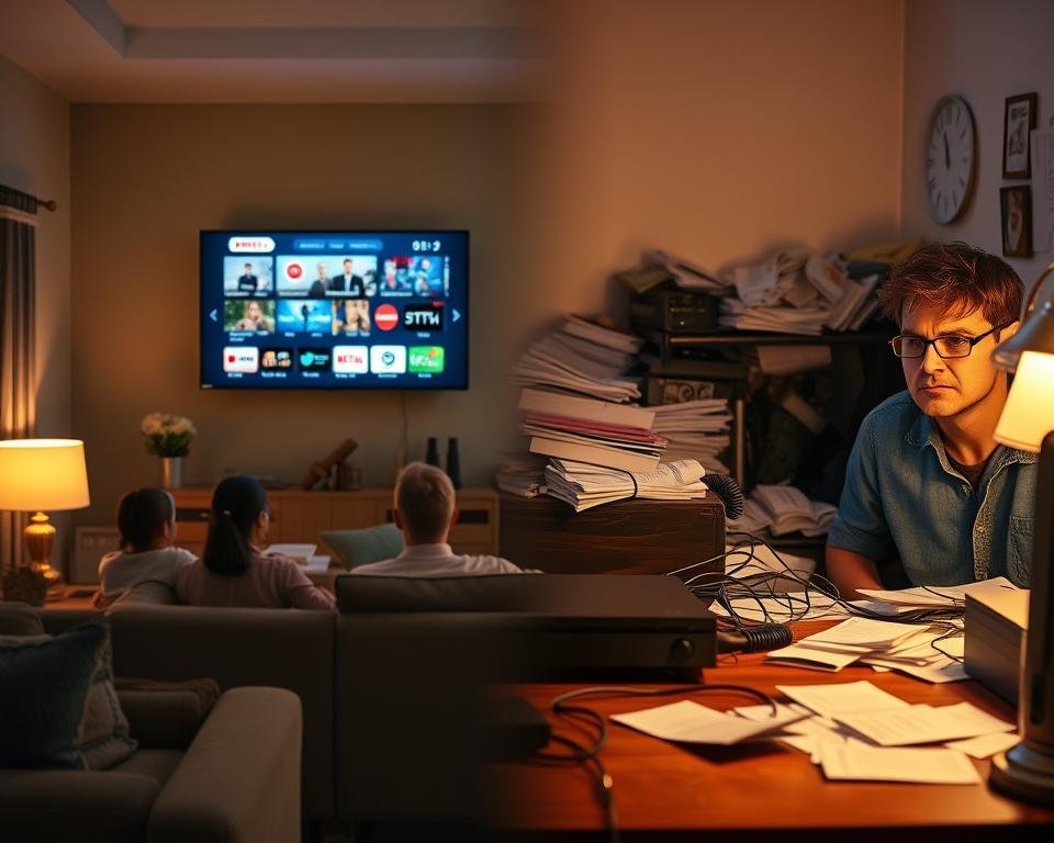 A visually engaging split-scene image depicting the pros and cons of cutting the cord from cable TV. In the foreground, on the left, show a cozy living room environment with a family watching a large wall-mounted TV streaming content from various platforms, exuding a warm and joyful atmosphere. In contrast, on the right, illustrate a cluttered desk with an old cable box, bills, and a frowning person in casual attire, expressing frustration. In the middle ground, use a soft gradient to transition between the two sides, enhancing the emotional dichotomy. The lighting should be bright on the streaming side, symbolizing positivity, while the cable side should be dimmer and more chaotic. Capture the mood of each side — one thriving with modern technology and the other burdened by the past — through a balanced, cinematic lens perspective. A visually engaging split-scene image depicting the pros and cons of cutting the cord from cable TV. In the foreground, on the left, show a cozy living room environment with a family watching a large wall-mounted TV streaming content from various platforms, exuding a warm and joyful atmosphere. In contrast, on the right, illustrate a cluttered desk with an old cable box, bills, and a frowning person in casual attire, expressing frustration. In the middle ground, use a soft gradient to transition between the two sides, enhancing the emotional dichotomy. The lighting should be bright on the streaming side, symbolizing positivity, while the cable side should be dimmer and more chaotic. Capture the mood of each side — one thriving with modern technology and the other burdened by the past — through a balanced, cinematic lens perspective.