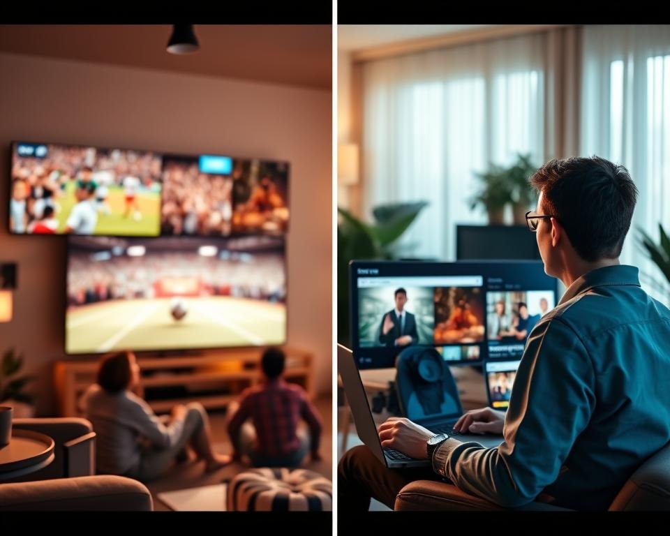 A visually engaging split-screen image comparing live channels and on-demand content. The left side features a vibrant living room scene with a family watching a sports game on a large TV, projecting excitement and engagement. The right side showcases a cozy home office, where an individual is choosing a movie from a streaming service on a sleek laptop, surrounded by snacks and a warm ambiance. The background subtly blends into a digital streaming interface, integrating elements of both live TV and on-demand selections. Soft, warm lighting enhances the inviting atmosphere, while a shallow depth of field focuses attention on the subjects. Capture the contrasting emotions of real-time excitement versus relaxed choice, emphasizing the modern experience of IPTV streaming.