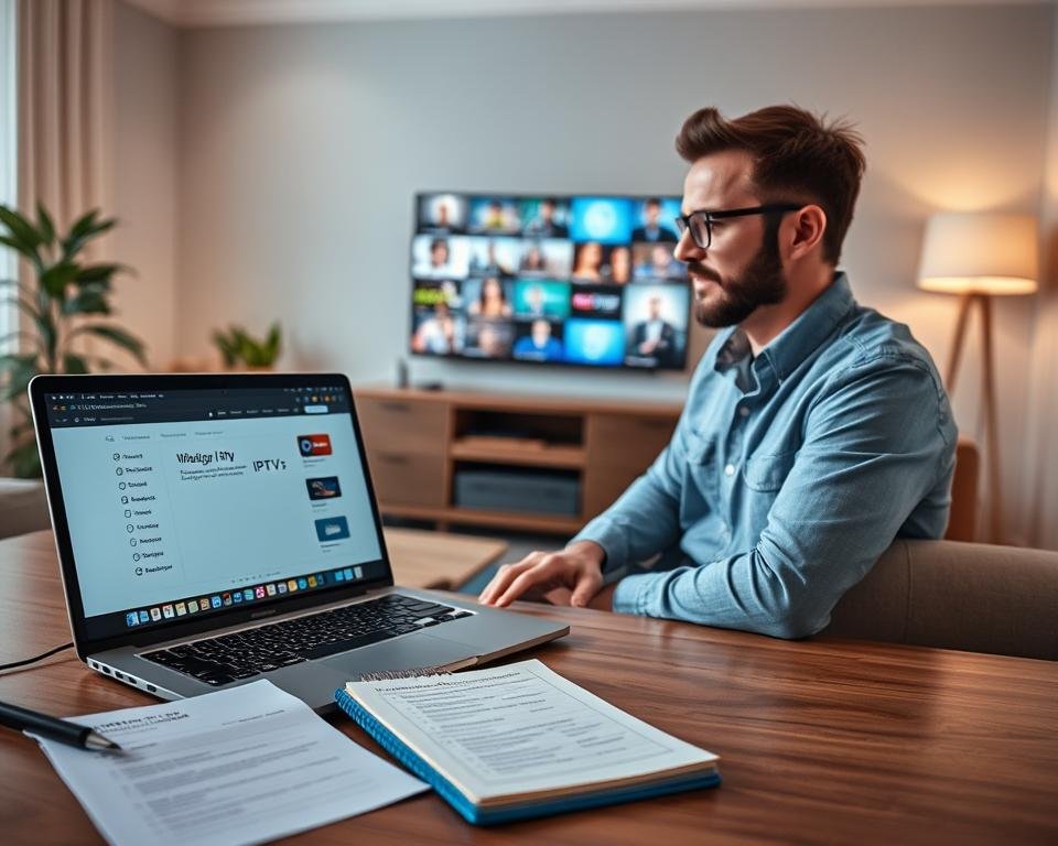 A visually engaging step-by-step guide to getting started with IPTV services. In the foreground, display a neatly organized workspace featuring a laptop open to an IPTV interface, alongside a notepad filled with checklists and tips. In the middle, depict a professional individual in casual attire, demonstrating the setup process on the laptop with a focused expression. The background should include a cozy living room setting with a TV displaying vibrant live TV channels, soft ambient lighting creating a welcoming atmosphere. Use a warm color palette with soft lighting to evoke a sense of confidence and ease. The angle should be slightly elevated, capturing both the workspace and the television in the scene. Ensure clarity and simplicity in the composition without any text or distractions.