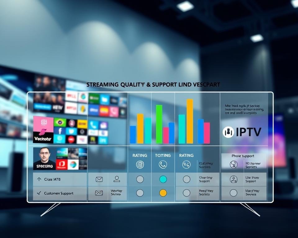 A visually striking comparison chart illustrating "Streaming Quality and Support" for IPTV services, set against a sleek, modern tech-themed background. In the foreground, a multi-panel display featuring vibrant visuals of different streaming apps with icons representing various platforms. The middle layer consists of bar graphs and rating icons, seamlessly integrated with visual elements highlighting customer support features like chat bubbles and phone support icons. The background showcases blurred images of televisions and streaming devices, creating depth. Soft, cool lighting enhances the professional atmosphere, while sharp focus on the foreground elements draws attention. The mood is informative and engaging, appealing to tech-savvy viewers seeking clarity on IPTV options without textual distractions. A visually striking comparison chart illustrating "Streaming Quality and Support" for IPTV services, set against a sleek, modern tech-themed background. In the foreground, a multi-panel display featuring vibrant visuals of different streaming apps with icons representing various platforms. The middle layer consists of bar graphs and rating icons, seamlessly integrated with visual elements highlighting customer support features like chat bubbles and phone support icons. The background showcases blurred images of televisions and streaming devices, creating depth. Soft, cool lighting enhances the professional atmosphere, while sharp focus on the foreground elements draws attention. The mood is informative and engaging, appealing to tech-savvy viewers seeking clarity on IPTV options without textual distractions.
