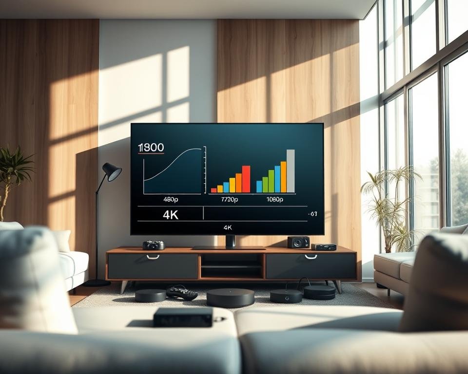 A visually striking comparison of streaming quality, featuring a sleek modern living room setup. In the foreground, a state-of-the-art flat-screen TV displays graphs and charts illustrating various video resolution settings: 480p, 720p, 1080p, and 4K. The middle ground showcases a comfortable couch with an array of streaming devices neatly arranged, emphasizing a transition from cable to streaming. The background is softly illuminated by natural light filtering through large windows, adding warmth to the ambiance. Shadows cast by the furniture create depth. The scene conveys a sense of innovation and modernity, inviting viewers to explore the advantages of streaming technology. Lens focus is sharp on the TV while maintaining a soft blur on the surrounding elements, enhancing the visual storytelling of technical specifications. A visually striking comparison of streaming quality, featuring a sleek modern living room setup. In the foreground, a state-of-the-art flat-screen TV displays graphs and charts illustrating various video resolution settings: 480p, 720p, 1080p, and 4K. The middle ground showcases a comfortable couch with an array of streaming devices neatly arranged, emphasizing a transition from cable to streaming. The background is softly illuminated by natural light filtering through large windows, adding warmth to the ambiance. Shadows cast by the furniture create depth. The scene conveys a sense of innovation and modernity, inviting viewers to explore the advantages of streaming technology. Lens focus is sharp on the TV while maintaining a soft blur on the surrounding elements, enhancing the visual storytelling of technical specifications.