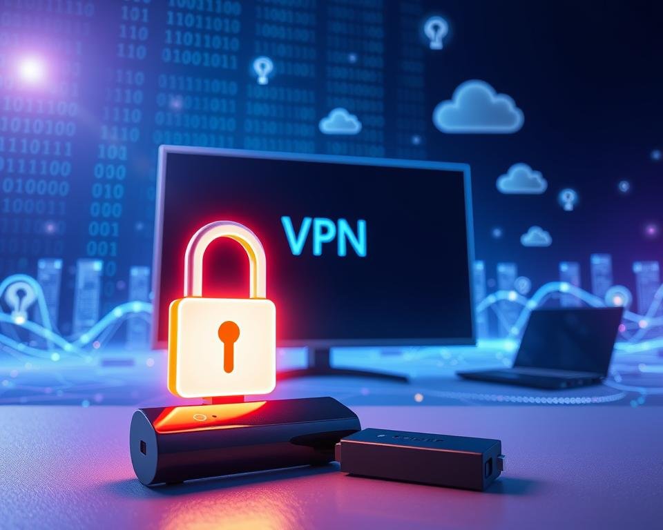 A visually striking, conceptual illustration of "VPN security for streaming." In the foreground, a sleek, modern digital device, such as a smart TV or streaming stick, is prominently displayed alongside a glowing virtual lock symbol. The middle ground features a network of interconnected devices, including laptops and tablets, represented by ethereal light trails symbolizing secure connections. In the background, a digital landscape composed of abstract binary code and floating clouds of data enhances the sense of advanced technology. The scene is illuminated by a cool blue and purple color palette, creating a futuristic, secure atmosphere. Use a cinematic angle to highlight the devices, with a soft focus on the background for depth. The overall mood conveys safety, privacy, and seamless online streaming.