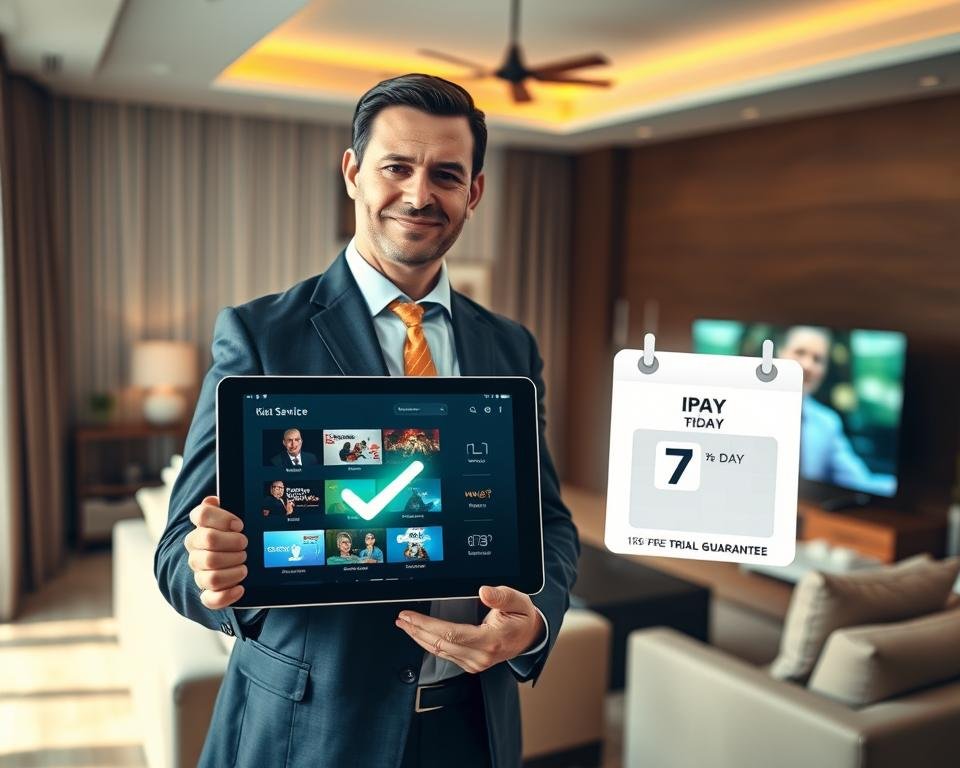 A visually striking image depicting a "risk-free trial guarantee" concept. In the foreground, showcase a confident business professional in smart casual attire, holding a tablet that displays the IPTV service interface with vibrant channels. The middle ground features a glowing, check-mark symbol symbolizing approval, alongside a calendar page marked with a seven-day trial period. In the background, create a warm and inviting living room setting, complete with a comfortable couch and a television displaying a live broadcast, bathed in soft, natural lighting. The atmosphere should feel reassuring and vibrant, capturing the essence of assurance and trust. The composition should utilize a slightly elevated angle to provide depth and context, emphasizing the ease and accessibility of the service.