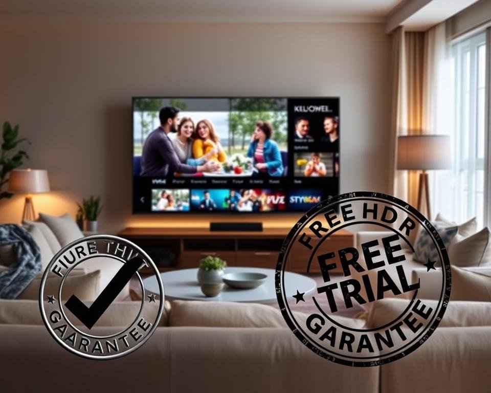 A visually striking image depicting the concept of a "free trial guarantee" for a 4K IPTV service. In the foreground, a bold stamp graphic featuring a check mark symbolizes assurance and trust. In the middle ground, a sleek, modern television screen displays vibrant images of family members enjoying their favorite ultra HD shows, emphasizing ease of access. The background features a cozy living room setting with warm lighting, soft textures, and comfortable furniture, suggesting a welcoming atmosphere. The mood is inviting and optimistic, reflecting the promise of satisfaction. The composition should convey professionalism, with no text overlays or distractions, creating a clear focus on the theme of guaranteed satisfaction.