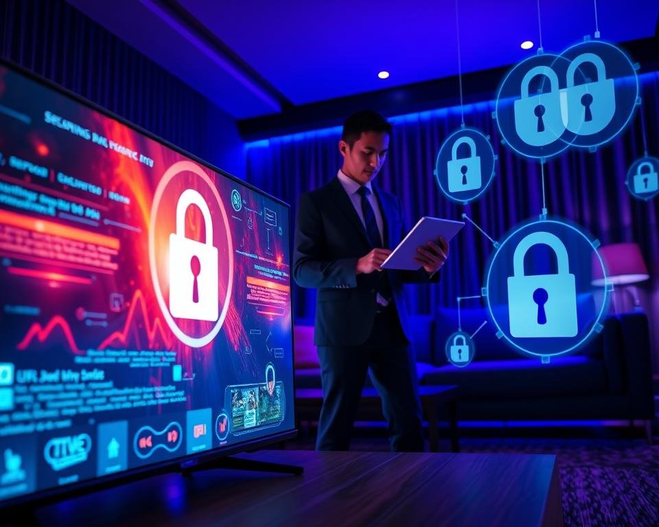 A visually striking scene showcasing the themes of security and privacy in IPTV streaming. In the foreground, a sleek, modern television displays a vibrant streaming interface, with an overlay representing encrypted data streams. In the middle background, a well-dressed professional, wearing a business suit, intently examines a tablet, emphasizing the importance of secure access to content. The background features a darkened living room setting, with ambient blue and purple lighting, creating a high-tech atmosphere. Integrated within the scene are digital padlocks and data shields symbolizing protection and privacy. The overall mood is serious yet innovative, highlighting the critical nature of security in modern streaming services, viewed from a slightly low angle to create depth and focus on the connection between technology and user safety.