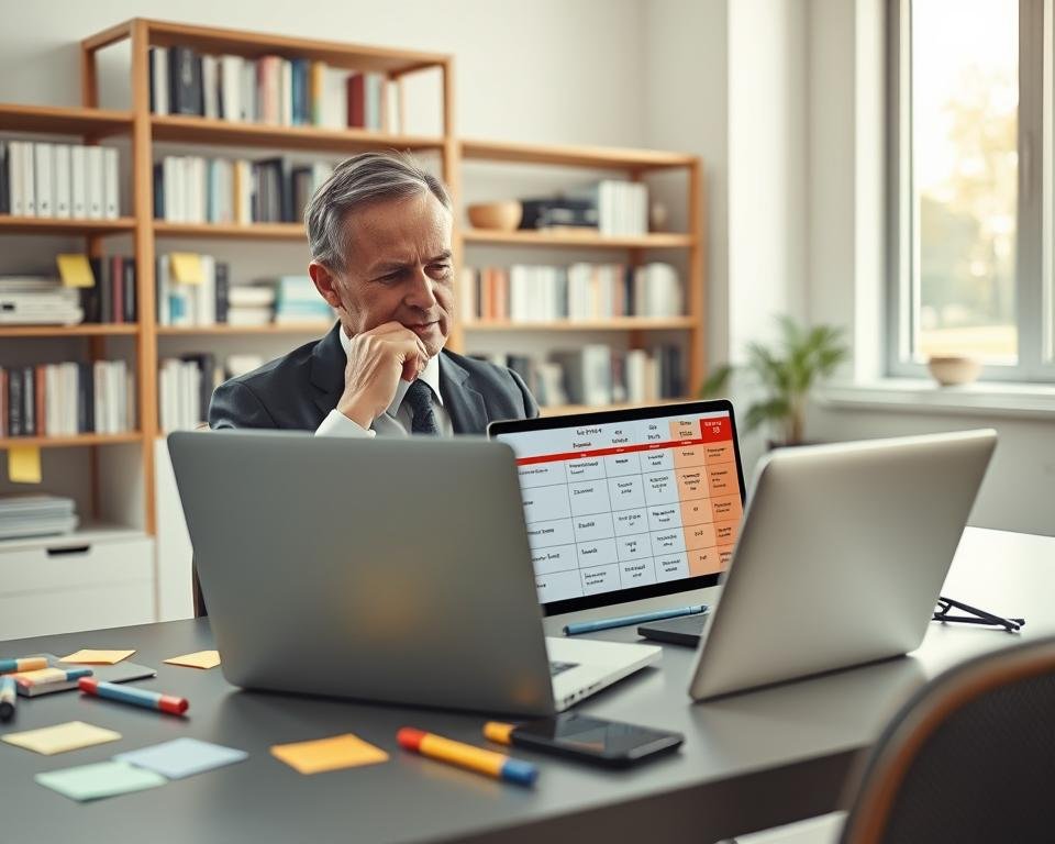 A well-organized workspace depicting a professional individual in business attire, seated at a modern desk surrounded by various devices, such as a laptop, tablet, and smartphone, all displaying IPTV service options. In the foreground, the person, a middle-aged Caucasian male, is thoughtfully examining a chart on the laptop screen with criteria like "Content Variety," "Pricing," and "User Interface" highlighted. The middle ground features sticky notes and colored markers scattered around, emphasizing organization and planning. The background includes shelves filled with technology books and a large window with natural light pouring in, creating a bright, focused atmosphere. Soft shadows add depth, and a slight depth of field directs attention to the decision-making process while maintaining a professional, inviting look.