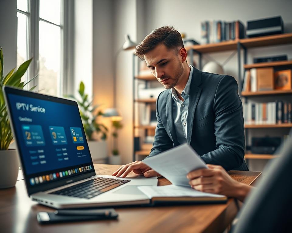 A well-organized workspace featuring a laptop displaying a screen with IPTV service options. In the foreground, a professional figure in smart casual attire is thoughtfully analyzing data on a notepad, with a focused expression. The middle layer shows a large window with natural light filtering in, illuminating the room and highlighting a potted plant nearby for a touch of greenery. In the background, shelves are filled with tech gadgets and books on media services. The overall atmosphere is one of contemplation and decision-making, evoking a sense of clarity and focus. The scene is captured with a soft depth of field, emphasizing the subject while maintaining a warm and inviting atmosphere.