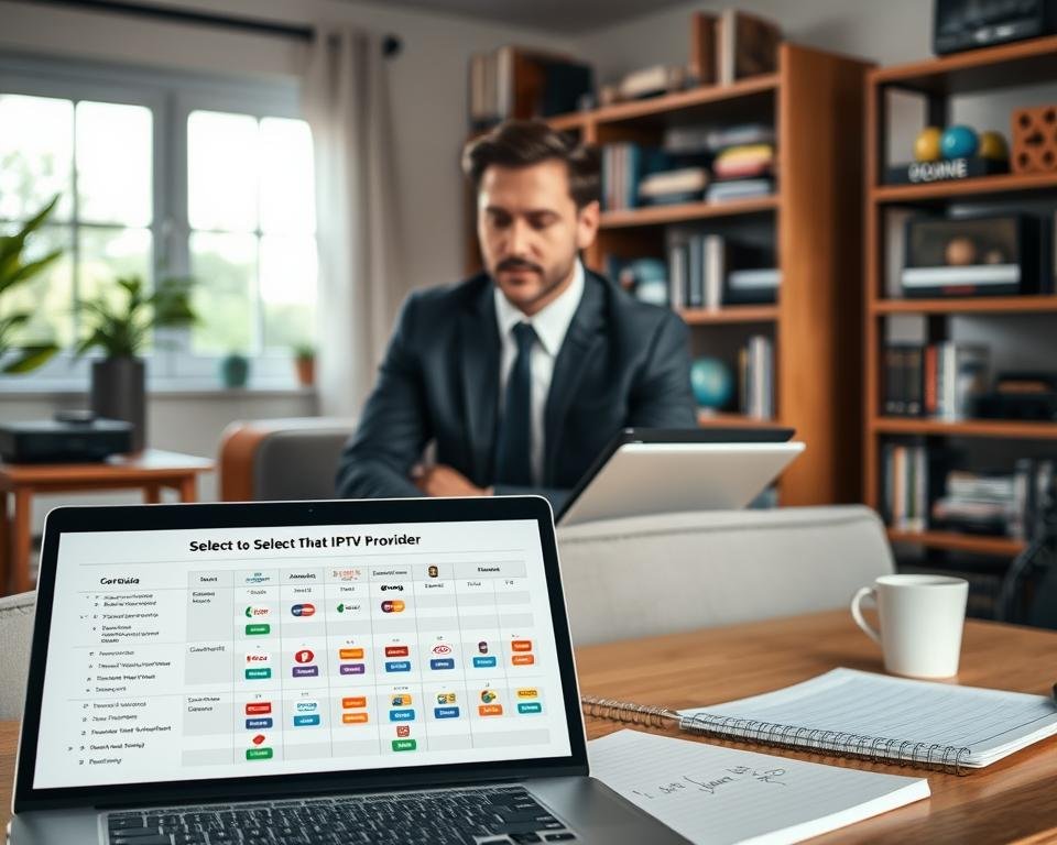 A well-organized workspace showcasing a comprehensive guide to selecting the right IPTV provider. In the foreground, a sleek laptop is open, displaying a detailed comparison chart of different IPTV services, with colorful icons representing various channels. A notepad with handwritten notes and a cup of coffee are positioned nearby. In the middle, a focused individual in business attire analyzes the information, with a thoughtful expression as they consider their options. The background features a cozy room, softly lit by natural light streaming through a window, illuminating a shelf filled with tech books and devices. The mood is professional yet relaxed, inviting the viewer to engage with the process of choosing an IPTV provider for superior 4K streaming.