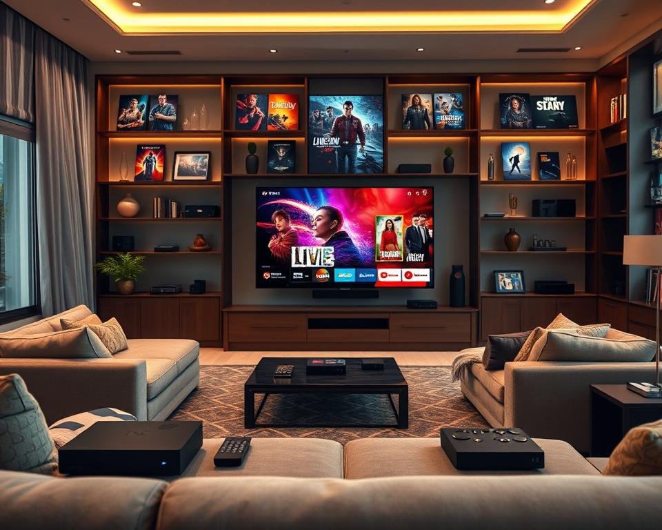 An expansive, modern living room featuring a sleek home entertainment setup in the foreground, showcasing a large flat-screen TV with vibrant, colorful thumbnails representing various live TV channels and movies. In the middle ground, plush sofas invite relaxation, surrounded by stylish decor that emphasizes comfort and sophistication. The background is filled with shelves adorned with digital devices such as streaming boxes and remote controls, giving a high-tech feel. Soft, warm lighting casts a welcoming glow, enhancing the cozy atmosphere. The angle is slightly elevated, focusing on the TV and the inviting living space, evoking a sense of excitement and possibility for viewers ready to explore an extensive library of entertainment options.