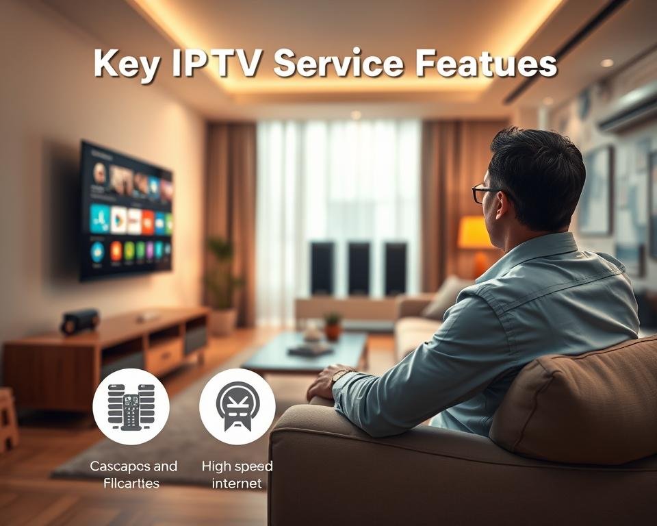 An informative illustration depicting "Key IPTV Service Features." In the foreground, feature icons like a TV screen displaying various apps and channels, a remote control, and a high-speed internet symbol. In the middle ground, a smooth, modern living room with a person in professional business attire watching TV, showcasing ease and comfort. The background features blurred technology elements like servers or cable connections, hinting at the underlying tech. The lighting is warm and inviting, with soft focus on the living room, creating a cozy atmosphere. Use a wide-angle lens to amplify the spaciousness, emphasizing the integration of technology in home entertainment without any text or overlays.