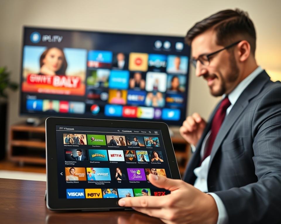 An informative scene depicting a comparison of IPTV channel lineups and on-demand content. In the foreground, a sleek, modern tablet displays a vibrant interface showcasing various channel icons and on-demand options, reflecting diversity in genres. In the middle ground, a friendly professional in a business suit is examining the tablet, their expression thoughtful and engaged, symbolizing the evaluation process. The background features a cozy living room setting with a large, HD television showing a split screen of different channels, complemented by soft, warm lighting that creates an inviting atmosphere. The composition emphasizes clarity and focus on technology, highlighting the topic of affordable IPTV options. The angle should be slightly elevated to capture both the tablet and the professional's engaged demeanor effectively.